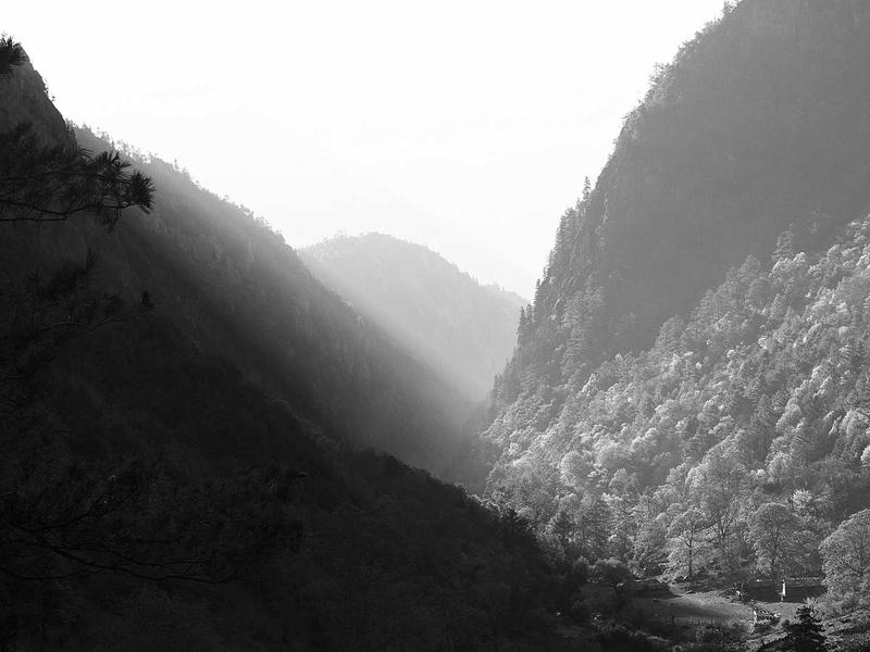 A steep green mountain gorge under heavy cloud